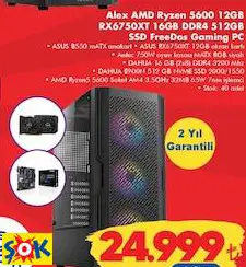 ASUS ALEX AMD RYZEN 5600 12GB RX6750XT 16GB DDR4 512GB SSD FREEDOS GAMİNG PC OYUN BİLGİSAYARI